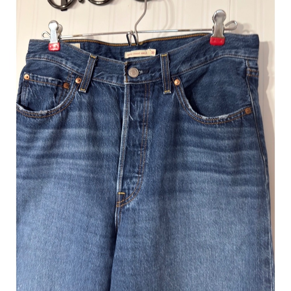 Levis Premium Ribcage Straight Ankle Jeans Blue Denim Button Fly Size 30 Big E - Picture 3 of 11